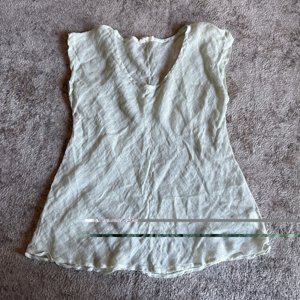 Eileen Fisher Small mint green Linen Sheer Scoop Neck Cap Sleeve Blouse Top Sz M